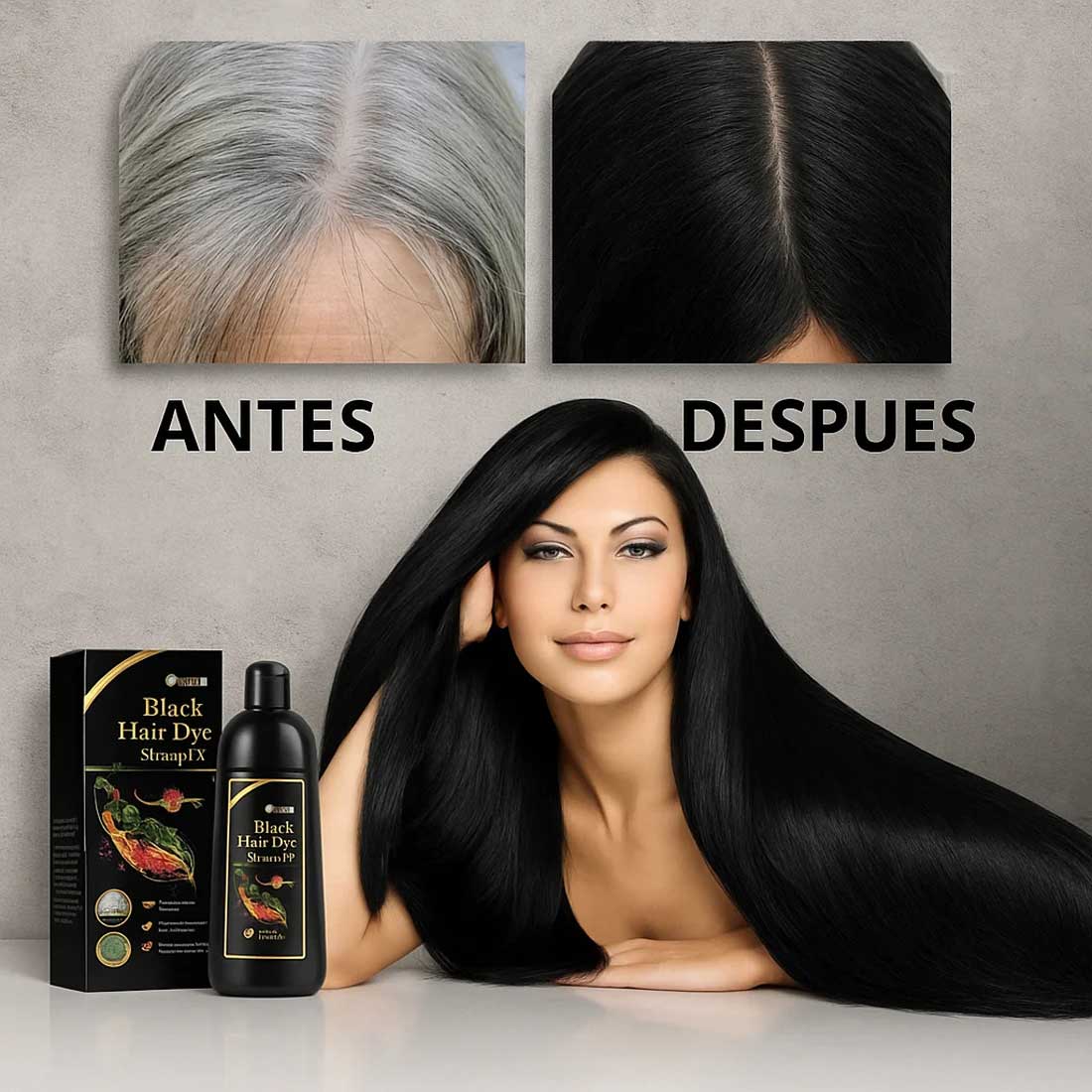Shampoo colorante negro aplicación rápida y acabado natural