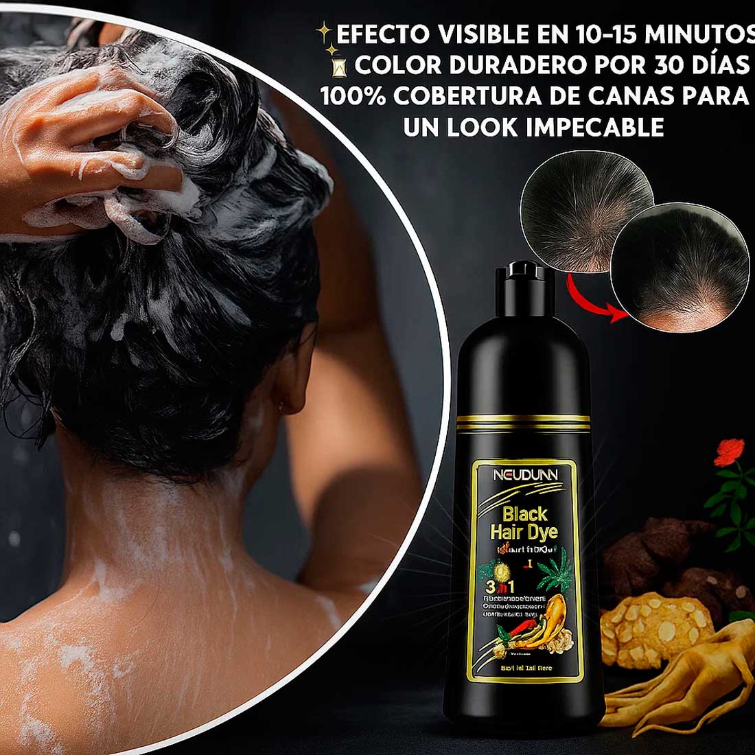 Shampoo colorante negro aplicación rápida y acabado natural